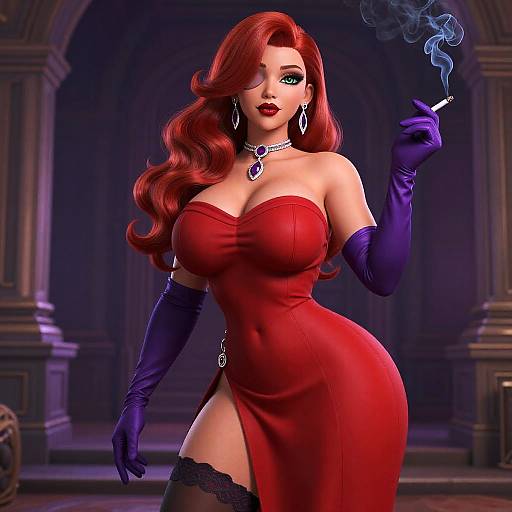 Digital artwork of a voluptuous woman with red hair, wearing a strapless red dress, purple gloves, holding a smoking cigarette, and ornate jewelry
