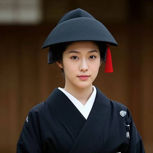 Woman in Black Kimono with Cap