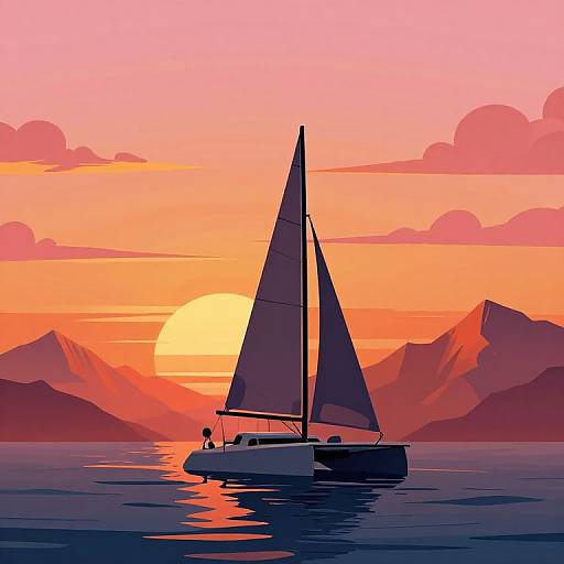 Digital illustration of a sailboat with silhouetted sails at sunset, reflecting on calm water, with orange and pink mountains and sun in the background