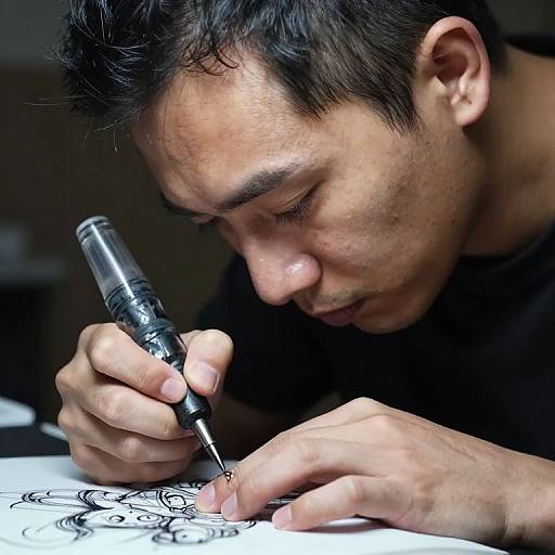 Close-up photograph of an Asian man with short black hair, focused on drawing intricate black ink designs with a fine-tip pen.