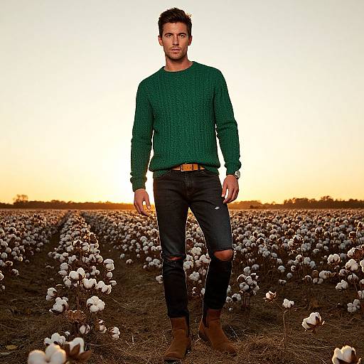Photograph of a handsome, short-haired man in a green knit sweater, black ripped jeans, and brown boots, standing in a sunlit cotton field