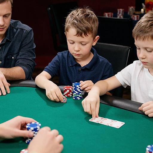 Photograph of three young boys, two with short brown hair and one with blonde hair, playing poker at a green table, sorting chips and cards.
