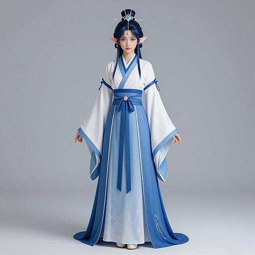 Photograph of a female anime-style doll with long black hair, elf ears, wearing a white and blue traditional Korean hanbok with wide sleeves and
