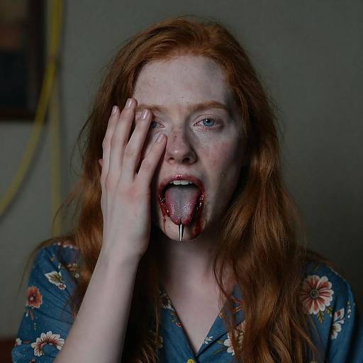 Bleeding Redhead with Spike-Pierced Tongue