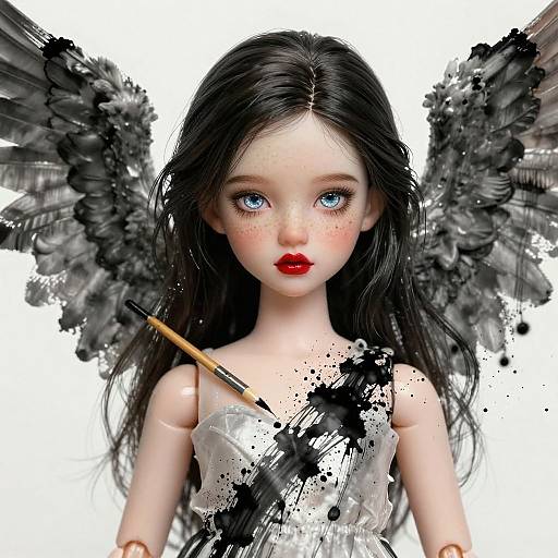 Digital painting of a pale-skinned, blue-eyed doll with black wings, red lips, and black-and-white paint splatters, holding a paintbrush