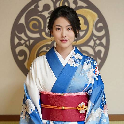 Elegant Woman in Blue White Kimono
