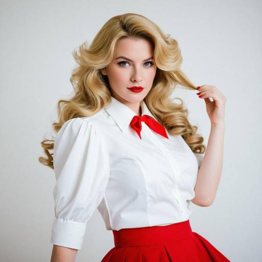 Vintage Glam Blonde Woman in Red and White Outfit