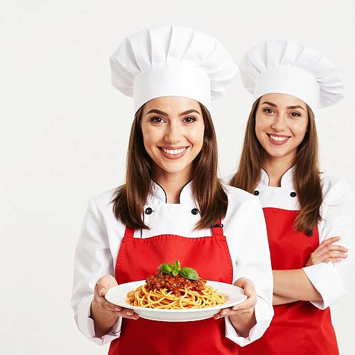 Photograph of two smiling female chefs in white hats and red aprons, holding a plate of spaghetti with red sauce and garnished with basil, against