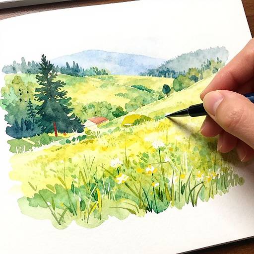 Watercolor painting of a sunny field with yellow flowers, green grass, and trees, being touched by a hand holding a pen.