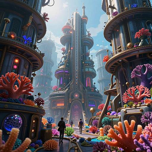 Digital art of a vibrant, futuristic cityscape with towering, cylindrical buildings adorned with colorful coral-like structures, surrounded by bright coral reefs, under a clear