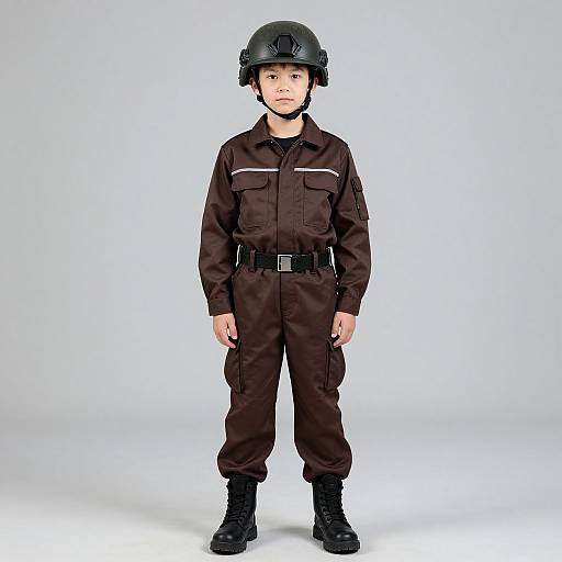 Photograph of a young Asian boy in a black police uniform, helmet, and boots, standing against a plain white background.