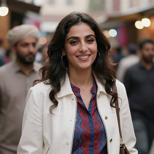 Smiling Woman in Colorful Night Market
