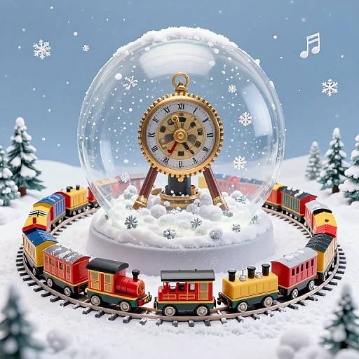 Colorful toy train set with snow globe containing a clock, surrounded by snow-covered tracks and trees, musical notes in the sky.