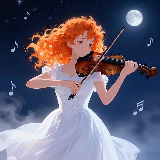 Digital anime-style illustration of a red-haired woman with curly hair playing a violin under a full moon, wearing a white dress, surrounded by musical notes.