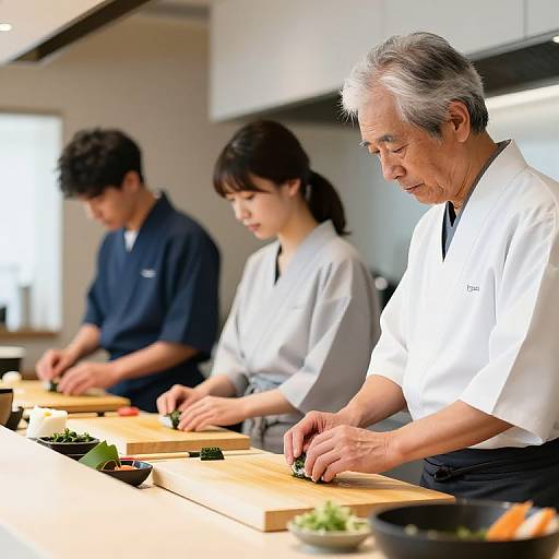 Photograph of four chefs, three younger and one older, wearing white and navy uniforms, chopping vegetables on a wooden counter in a modern, brightly lit