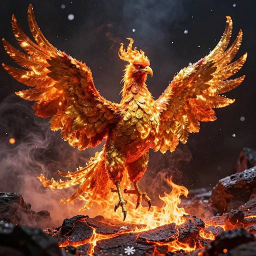 Photograph-like digital art of a blazing phoenix with fiery orange and yellow feathers, wings spread wide, standing on glowing embers. Dark, starry
