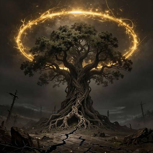 Digital artwork of a massive, twisted tree with glowing, circular lightning encircling its canopy, set against a dark, stormy sky.