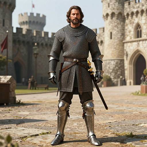Photograph of a bearded medieval knight in silver chainmail, plate armor, and boots, standing in front of a stone castle courtyard with a blurred