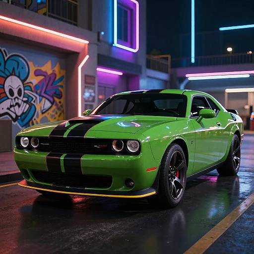Photograph of a neon-lit green Ford Mustang with black stripes parked on a wet urban street at night, featuring vibrant purple and blue neon lights in