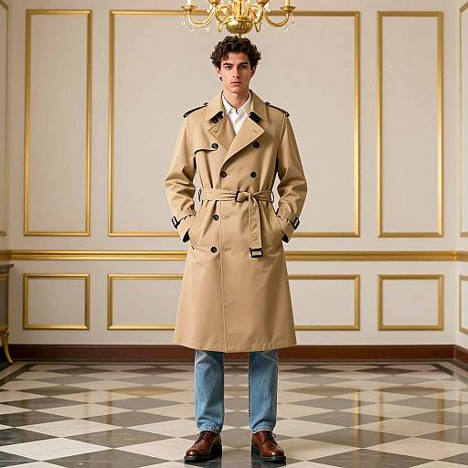 Young Man in Beige Trench Coat in Elegant Room