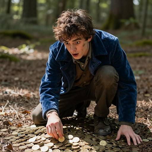 Young Man Discovering Treasure in Forest