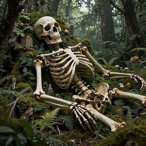 Photorealistic image of a skeletal figure reclining in a dense, mossy forest, surrounded by small birdhouses and ferns, with sunlight filtering