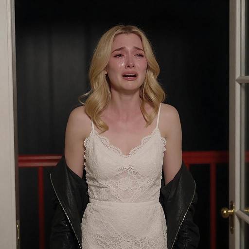 Crying woman in white lace dress at doorway