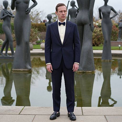 Photograph of a serious, fair-skinned man in a black tuxedo and bow tie, standing in front of black statues by a reflective pond