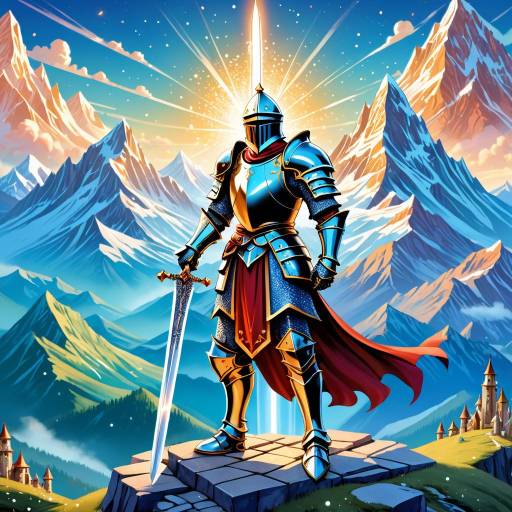 Noble Knight with Sparkling Sword in Mountains