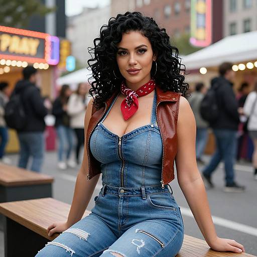 Photograph of a curvy woman with curly black hair, wearing a red bandana, red leather vest, and blue denim jumpsuit, sitting on