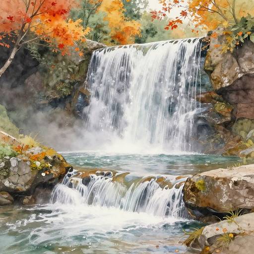 Photograph-style digital artwork of a cascading waterfall surrounded by autumn foliage, with vibrant orange and red leaves, and rocky terrain.