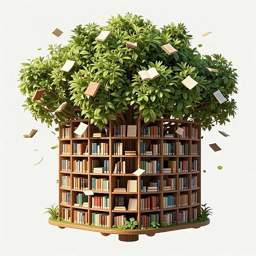 Digital illustration of a tree with a wooden bookshelf trunk, green foliage, and floating books, set against a white background.