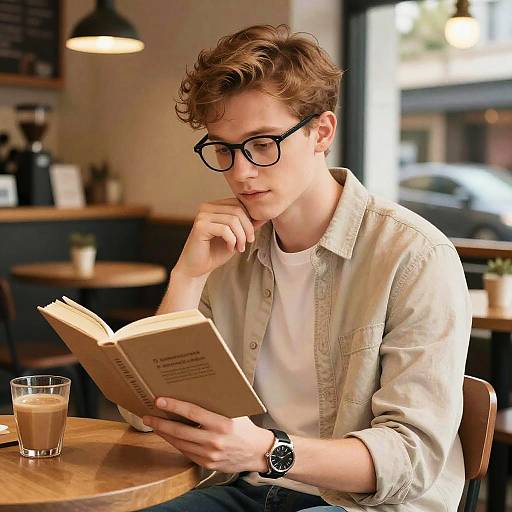 Thoughtful Man Reading in Cozy Café