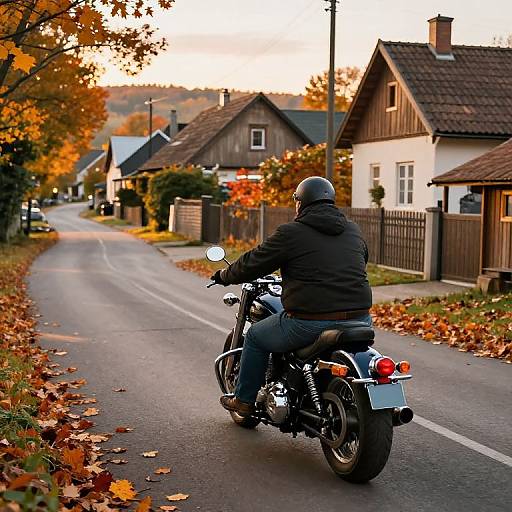 Photograph of a motorcyclist in black jacket and helmet riding a classic bike down a suburban street with autumn foliage.