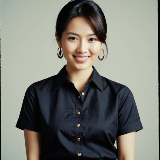 Smiling Asian Woman in Black Collared Shirt