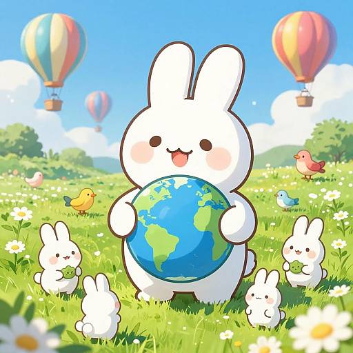 Cute digital illustration of a white bunny holding a blue Earth, surrounded by smaller bunnies and colorful birds in a sunny, floral meadow with