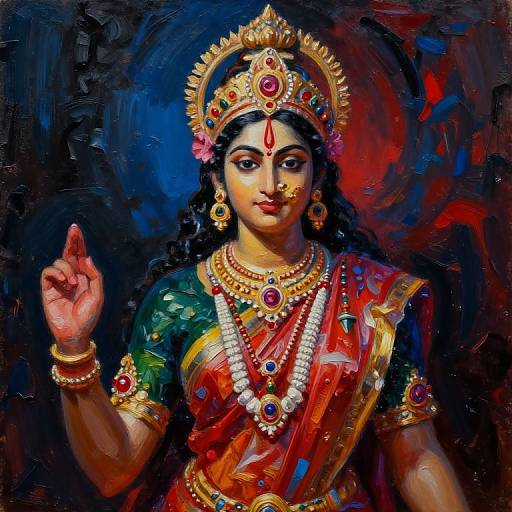 Vibrant digital painting of a goddess with dark hair, gold crown, red sari, intricate jewelry, and raised index finger, against a dark