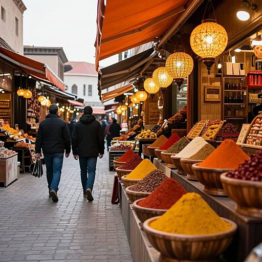 Photograph of a bustling outdoor market with two people in dark winter clothes walking past vibrant, colorful spice piles and hanging lanterns.