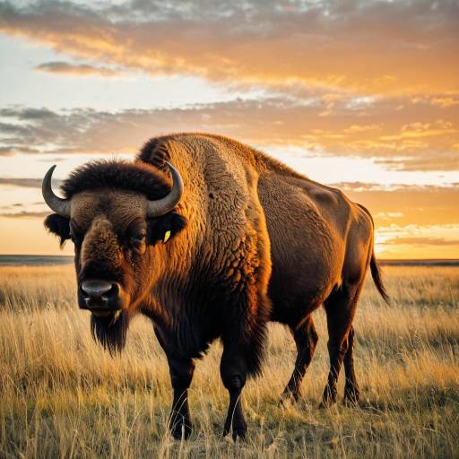 Bison Standing on Prairie at Sunset