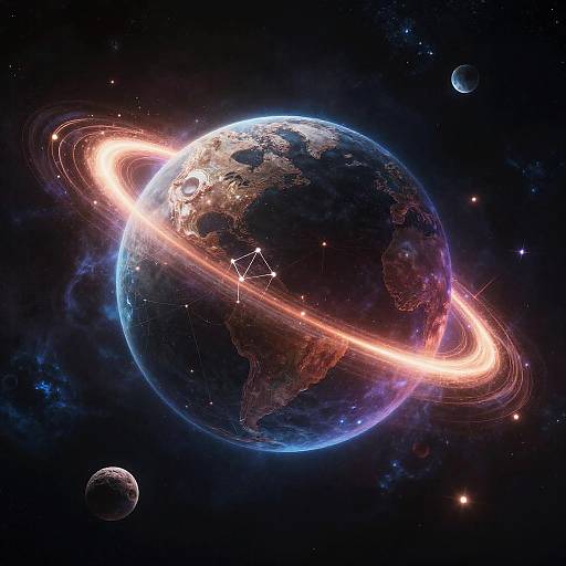 Digital artwork of Earth with vibrant, glowing rings encircling it, surrounded by dark space, smaller planets, and distant stars.