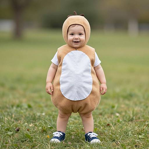 Photograph of a smiling baby in a tan 