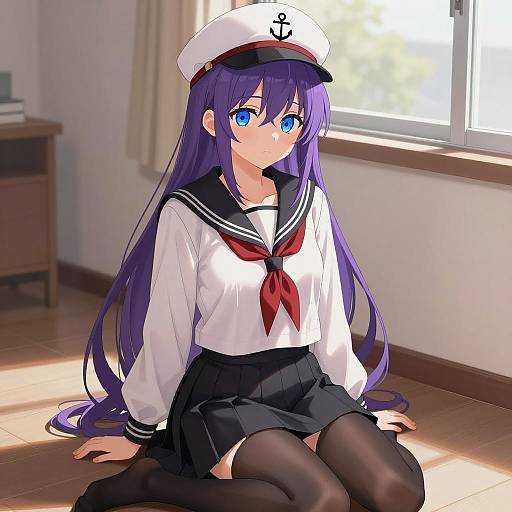 Anime Girl in Navy School Uniform Sitting Indoors