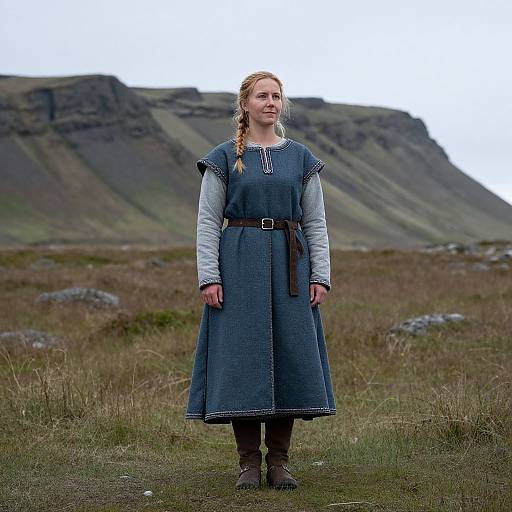 Photograph of a blonde woman with braided hair, wearing a blue medieval-style dress over a gray long-sleeve shirt, standing in a grass