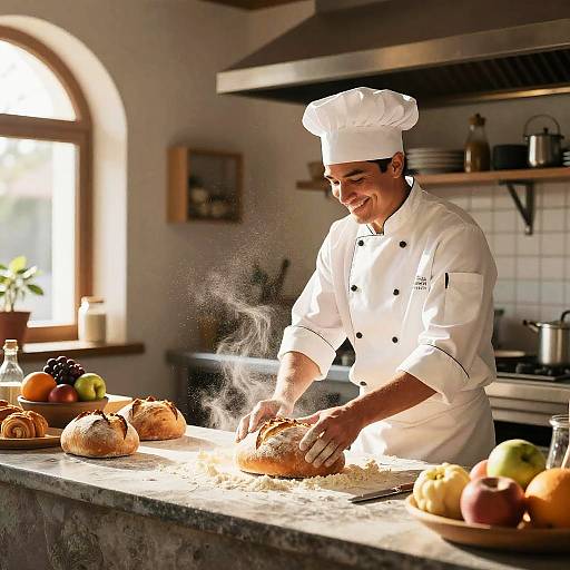 Photograph of a smiling male chef in a white uniform and hat, dusting flour on bread on a sunlit kitchen counter. Fresh fruits and vegetables