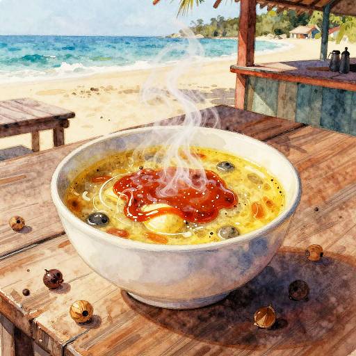 Colorful digital painting of a steaming bowl of soup with red sauce and black beans on a rustic beachside wooden table.