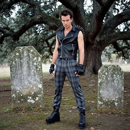 Photograph of a muscular man with spiked leather vest, plaid pants, black boots, and gloves, standing between two weathered gravestones in