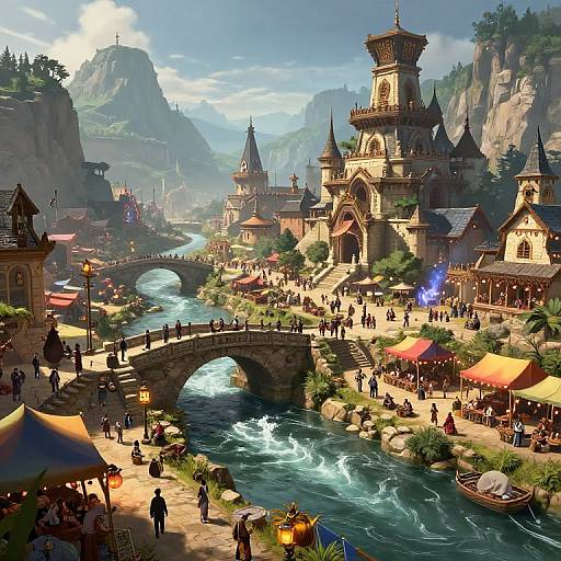 Vibrant fantasy village scene: bustling town with medieval-style buildings, a river with a stone bridge, market stalls, and people in colorful attire,