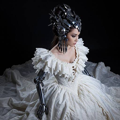 Cyborg woman in white, Victorian-style dress with black, mechanical arms and headpiece, against dark background, surrounded by white, textured fabric.