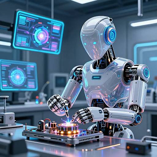 Photorealistic CGI of a shiny, blue-accented robotic figure welding on a metal surface in a futuristic, dimly-lit factory. Multiple