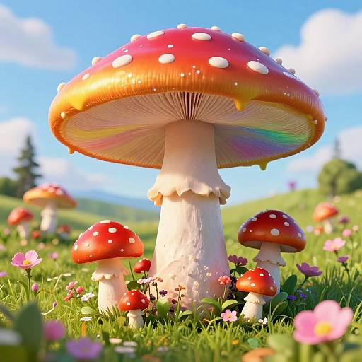 Photorealistic CGI of vibrant red-and-white-spotted mushrooms with glistening caps, standing tall in a lush, colorful meadow under a bright blue